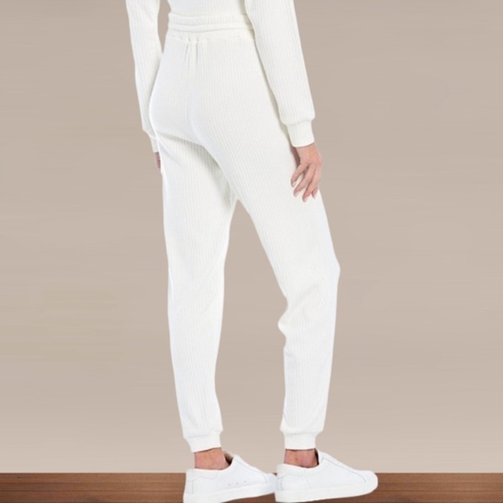 COPPER Key Ribbed Drawstring Jogger Pants with Pockets in Off White. - Picture 2 of 12